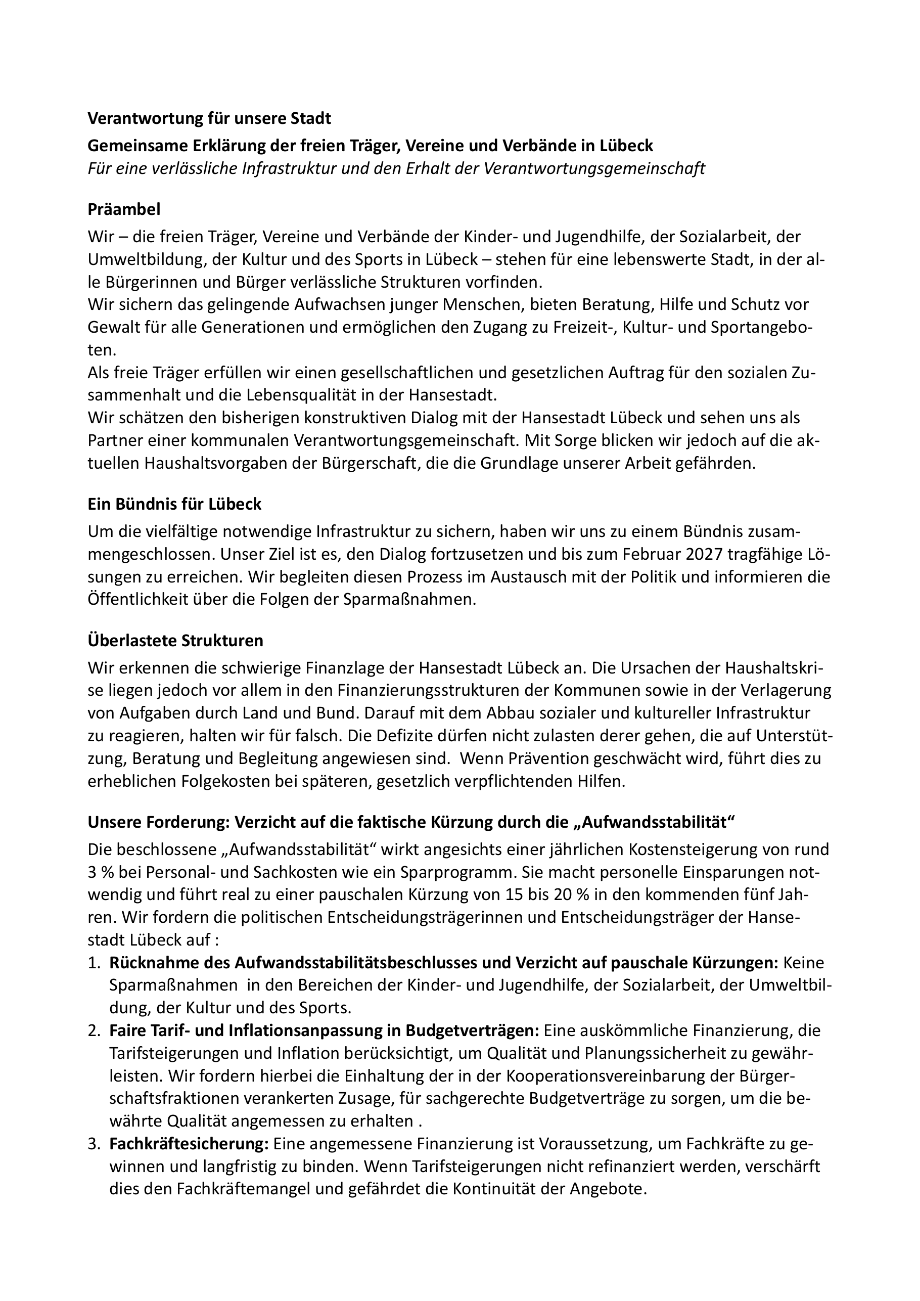 Gemeinsame Erklärung Verantwortung für Lübeck – Seite 1